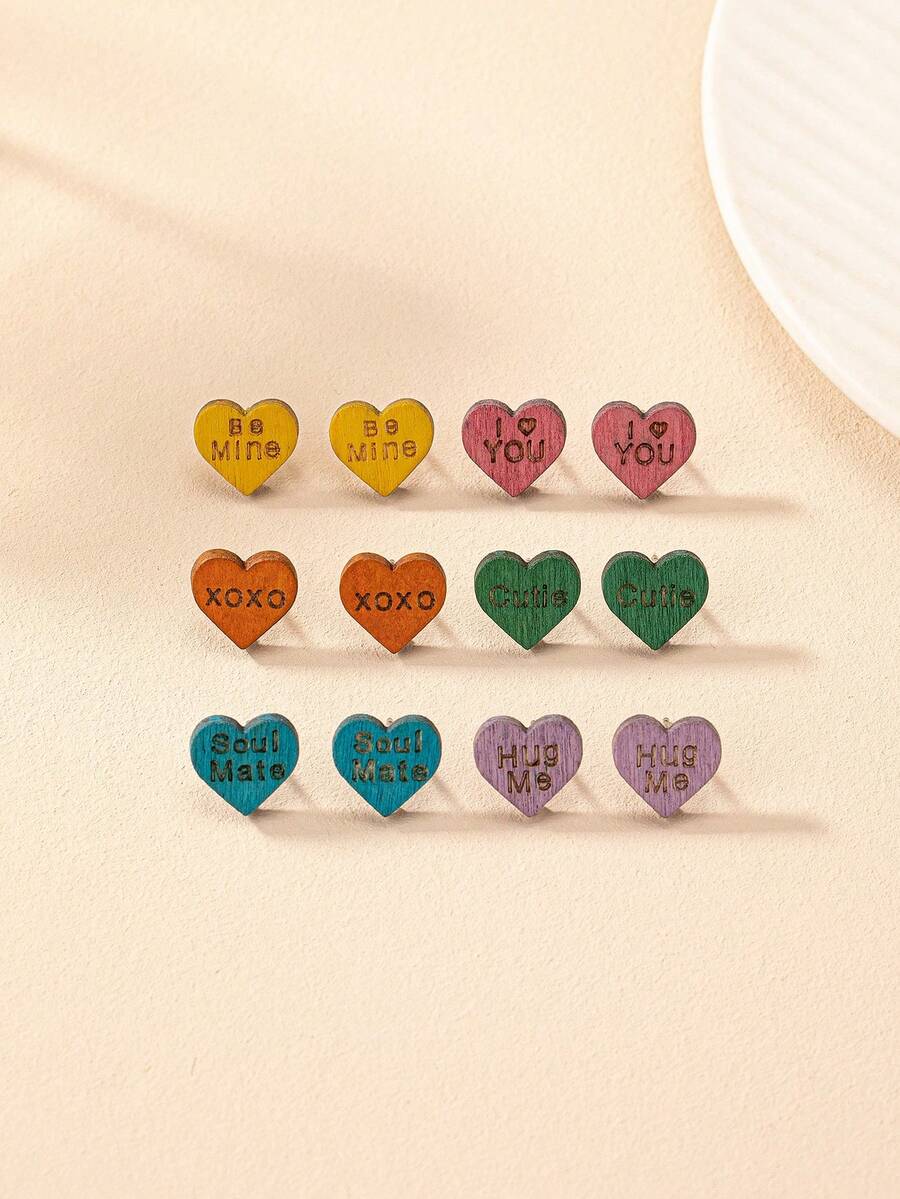 1對幾何心形木質及字母設計耳環,優雅風格適用於節慶慶典 - 粉色 - 查看 1