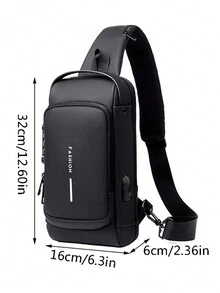 1個 密碼鎖斜挎包含usb端口,運動和休閒胸包 - 黑色 - 查看 6