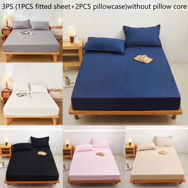 3PCS Fitted Sheet Set (1pc Fitted Sheet + 2PCS Pillowcases), Bed Comforter,Bed SheetsCover, Bedding,Solid Color Brushed Fabric, Bedding, Bedroom, High-Quality For Luxury Hotels, Versatile, Classic, Machine Washable, Skin-Friendly And Breathable, Soft And Comfortable