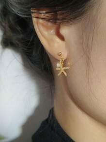 1對不對稱自然貝殼,海星和珍珠裝飾耳環,女性用品,925銀鍍金,絕佳日常配戴禮物。 - 金黃色 - 查看 4