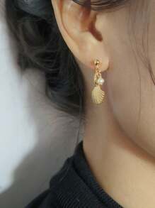 1對不對稱自然貝殼,海星和珍珠裝飾耳環,女性用品,925銀鍍金,絕佳日常配戴禮物。 - 金黃色 - 查看 3