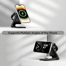 Foldable 3 In 1 Charging Station Compatible With Apple Devices - Magnetic Wireless Charging Station - Phone And Watch Charger Stand Compatible With IPhone 15/14/13/12/11 Pro Max/XR/ 8 Plus And Airpods  (Mag-Safe) - Black - View 1