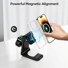 Foldable 3 In 1 Charging Station Compatible With Apple Devices - Magnetic Wireless Charging Station - Phone And Watch Charger Stand Compatible With IPhone 15/14/13/12/11 Pro Max/XR/ 8 Plus And Airpods  (Mag-Safe) - Black - View 3