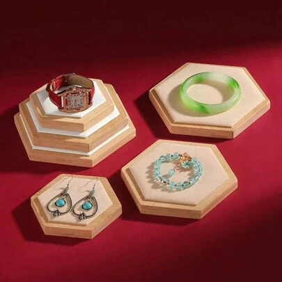 1pc Hexagonal Bamboo Wooden Jewelry Display Stand For Diy, Retail Showcase And Home Decoration