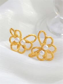 1 对几何和不对称形状珍珠耳钉 - 珍珠不規則耳釘 - 查看 3