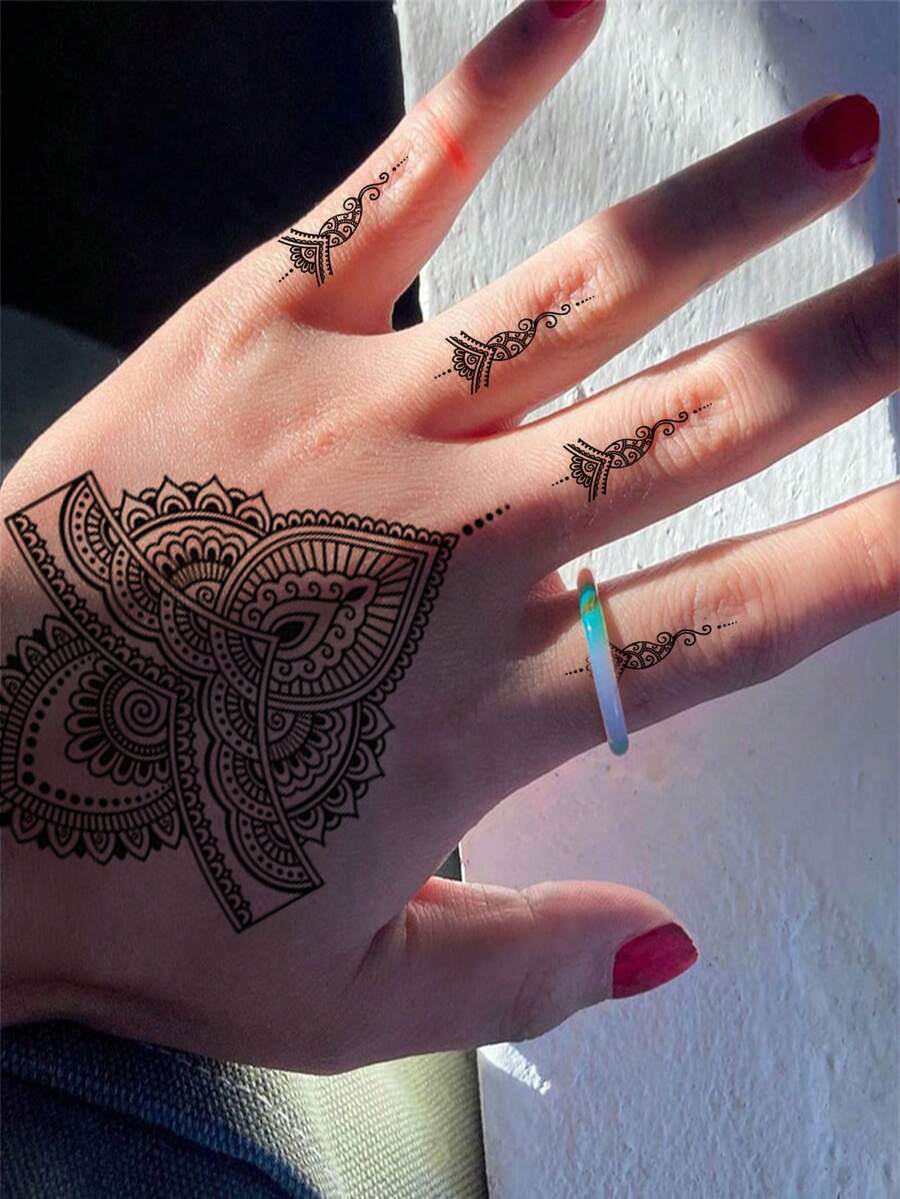 臨時防水紋身貼紙,4入組阿拉伯海娜手繪圖案 - 黑色 - 查看 1