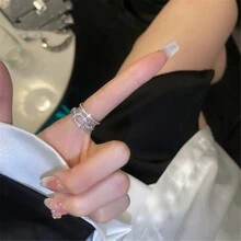VKHK 2入組豪華立方氧化鋯鑽石綴嵌的雙層交錯開口戒指套,適合女士的日常穿戴和婚禮 - 銀色 - 查看 5