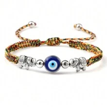 1 pieza Brazalete trenzado vintage con cuentas de ojo turco azul, hilo de nailon, dije de aleación con elefante, joya de pulsera y brazalete de pareja