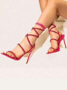 Women Stiletto Heeled Strappy Sandals, Rhinestone Decor Tie Leg Design Sandals, Glamorous Party Heeled Sandals For Summer Spring Wearing - 玫紅色 - 查看 4