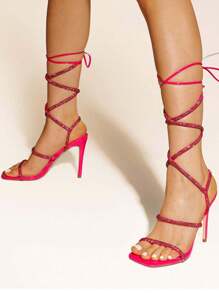 Women Stiletto Heeled Strappy Sandals, Rhinestone Decor Tie Leg Design Sandals, Glamorous Party Heeled Sandals For Summer Spring Wearing - 玫紅色 - 查看 5