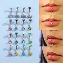 4 piezas/Juego de piercing de acero inoxidable con formas geométricas de ojo de gato, estrella, asimétrico de ceja y labio - Rosa - Ver 4