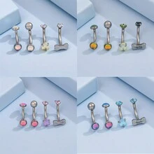 4 piezas/Juego de piercing de acero inoxidable con formas geométricas de ojo de gato, estrella, asimétrico de ceja y labio - Rosa - Ver 1