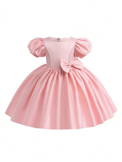 女童纯色泡泡袖缎面蝴蝶结连衣裙，不含发带和包包
