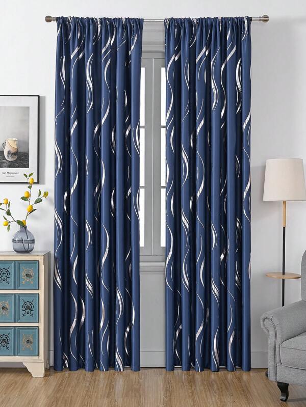 1pc Silver-Stamped Blackout Water Ripple Curtain For Dining Room And Bedroom