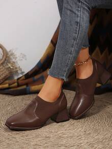 女式時尚方頭針織拼接彈性防滑靴子,短鞋跟舒適踝靴 - 棕色 - 查看 2