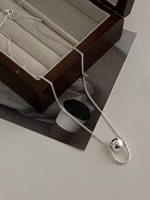 S925純銀珠串項鍊,u形吊墜設計,韓國風格,簡約奢華,鎖骨鏈 - 銀色 - 查看 1