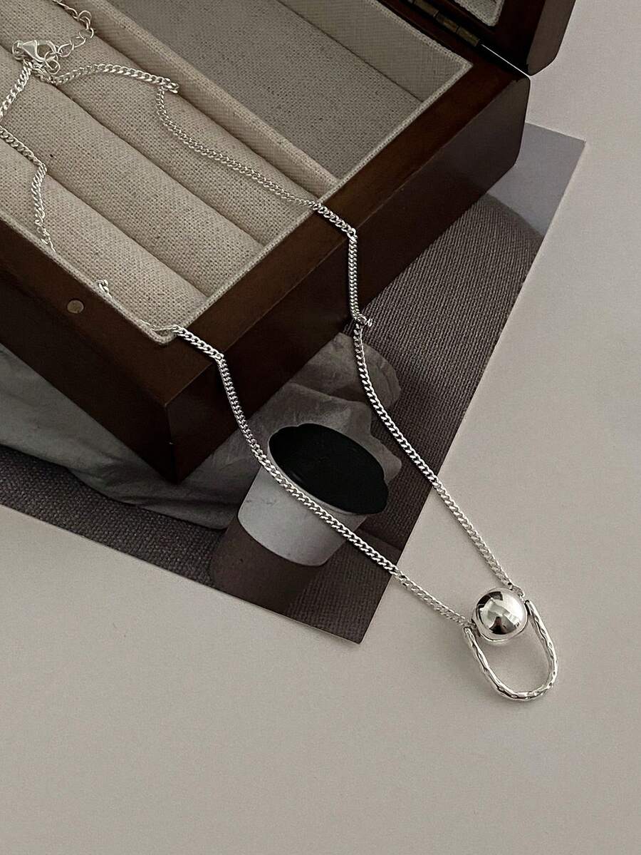 S925純銀珠串項鍊,u形吊墜設計,韓國風格,簡約奢華,鎖骨鏈 - 銀色 - 查看 1