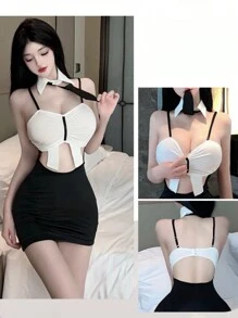 1套性感秘書cosplay制服包括領帶、頸圈、連衣裙和t恤 - 白加黑 - 查看 8