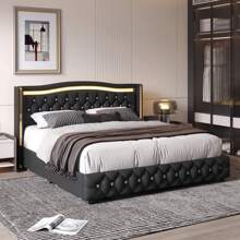HIFORT Smart LED Bed Frame With 4 Drawers And Wingback Headboard, Faux Leather Platform Bed Frame With Diamond Tufted Headboard And Footboard, White/Black, Full/Queen/King