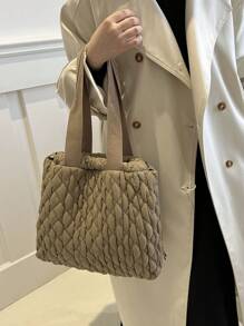 刺绣格子时尚单肩包，抽绳流浪包适合女孩和女士，非常适合购物、通勤、周末度假和日常使用 - 卡其色 - 查看 6