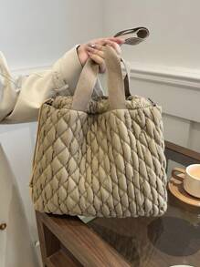 刺绣格子时尚单肩包，抽绳流浪包适合女孩和女士，非常适合购物、通勤、周末度假和日常使用 - 卡其色 - 查看 5