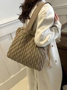 刺绣格子时尚单肩包，抽绳流浪包适合女孩和女士，非常适合购物、通勤、周末度假和日常使用 - 卡其色 - 查看 2