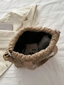 刺绣格子时尚单肩包，抽绳流浪包适合女孩和女士，非常适合购物、通勤、周末度假和日常使用 - 卡其色 - 查看 8