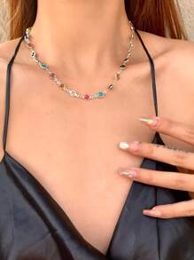 1 件随机彩色玻璃珠项链，银色/金色，派对/约会/情人节配饰 - 銀色 - 查看 1