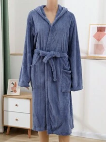 1pc 3d Striped Bathrobe Hooded Robe, Coral Fleece, Soft & Absorbent, Suitable For Bathroom, Bedroom, Pool, Four Seasons - Navy Blue - View 1