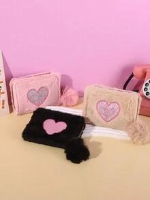 1pc Heart Pattern Embroidered Zipper Wallet, Short Clutch Bag, Cartoon Digital Print Coin Purse - Black - View 3