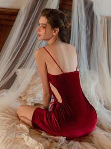 1件女裝彈性天鵝絨中空性感睡裙 - 酒紅色 - 查看 2