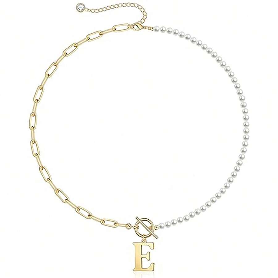 Women'S Initial Freshwater Pearl Necklace 18K Copper Gold Plated Valentine'S Day Gift - E - View 1