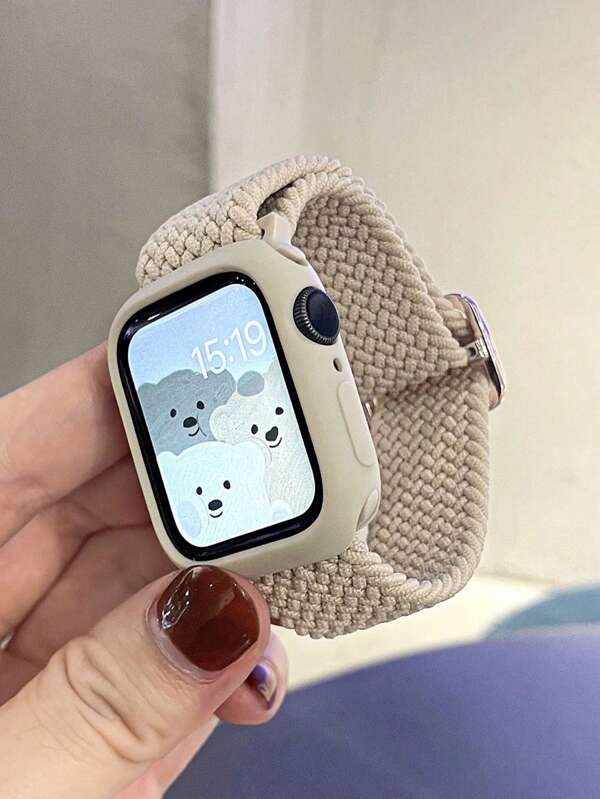 2pcs Starlight Color Cute Elastic Breathable Adjustable Braided Strap & Soft Hollow Silicone Protective Watch Case, Compatible With Apple Watch Series Ultra/SE/11/10/9/8/7/6/5/4/3/2/1, 38/40/41/42/44/45/46/49mm Smart Watch Accessories