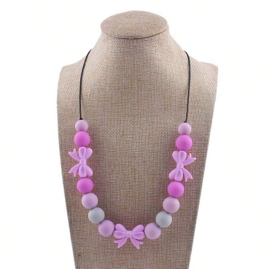 1個新的兒童藝術和工藝品卡通蝴蝶結項鍊,創意彩色矽膠珠子,兒童diy手工首飾配件 - 紫色 - 查看 1