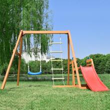 Wooden Swing Set With Slide, Outdoor Playset Backyard Activity Playground Climb Swing Outdoor Play Structure For Toddlers, Ready To Assemble Wooden Swing-N-Slide Set Kids Climbers - 紅色 - 查看 3