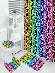 4pcs Creative Leopard Print Patchwork Shower Curtains, Waterproof Shower Curtains, 12 Hooks, Bathroom Rug, U-Shaped Toilet Mat, Toilet Lid Cover, Bathroom Decor Set - Multicolor - View 1