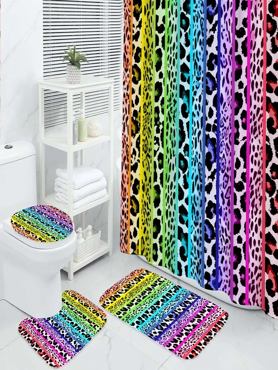 4pcs Creative Leopard Print Patchwork Shower Curtains, Waterproof Shower Curtains, 12 Hooks, Bathroom Rug, U-Shaped Toilet Mat, Toilet Lid Cover, Bathroom Decor Set - Multicolor - View 1