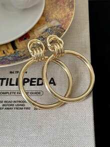 1對誇張o形耳環,有3個環,復古風格金屬耳環 - 金黃色 - 查看 2