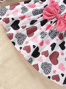 Young Girl Valentine's Day Heart Print Bow Decor Top And Solid Color Pants Set - 粉色 - 查看 4