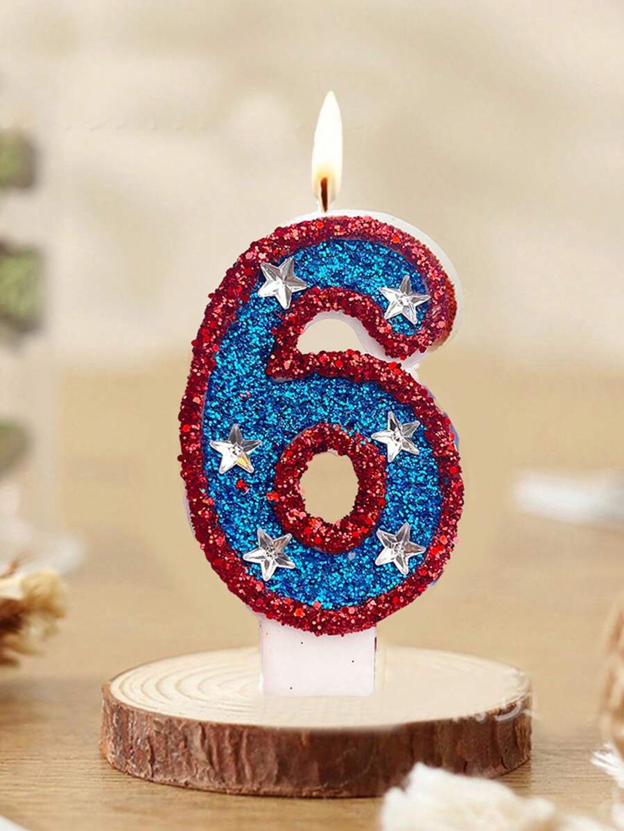 1 件红蓝数字蜡烛，带银星装饰，0-9，适用于生日、周年纪念、节日派对蛋糕装饰 - 彩色 - 查看 1
