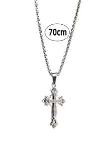 1pc Fashionable Titanium Steel Cross Pendant Necklace With Diamond For Men And Women - Silver - View 4