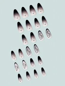 24pcs Almond-Shaped High-End Night Rose & Ice Transparent Gradient Black False Nails +1pc Jelly Glue +1pc Nail File - Multicolor - View 3