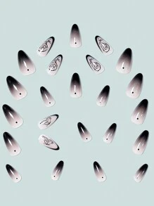 24pcs Almond-Shaped High-End Night Rose & Ice Transparent Gradient Black False Nails +1pc Jelly Glue +1pc Nail File - Multicolor - View 2