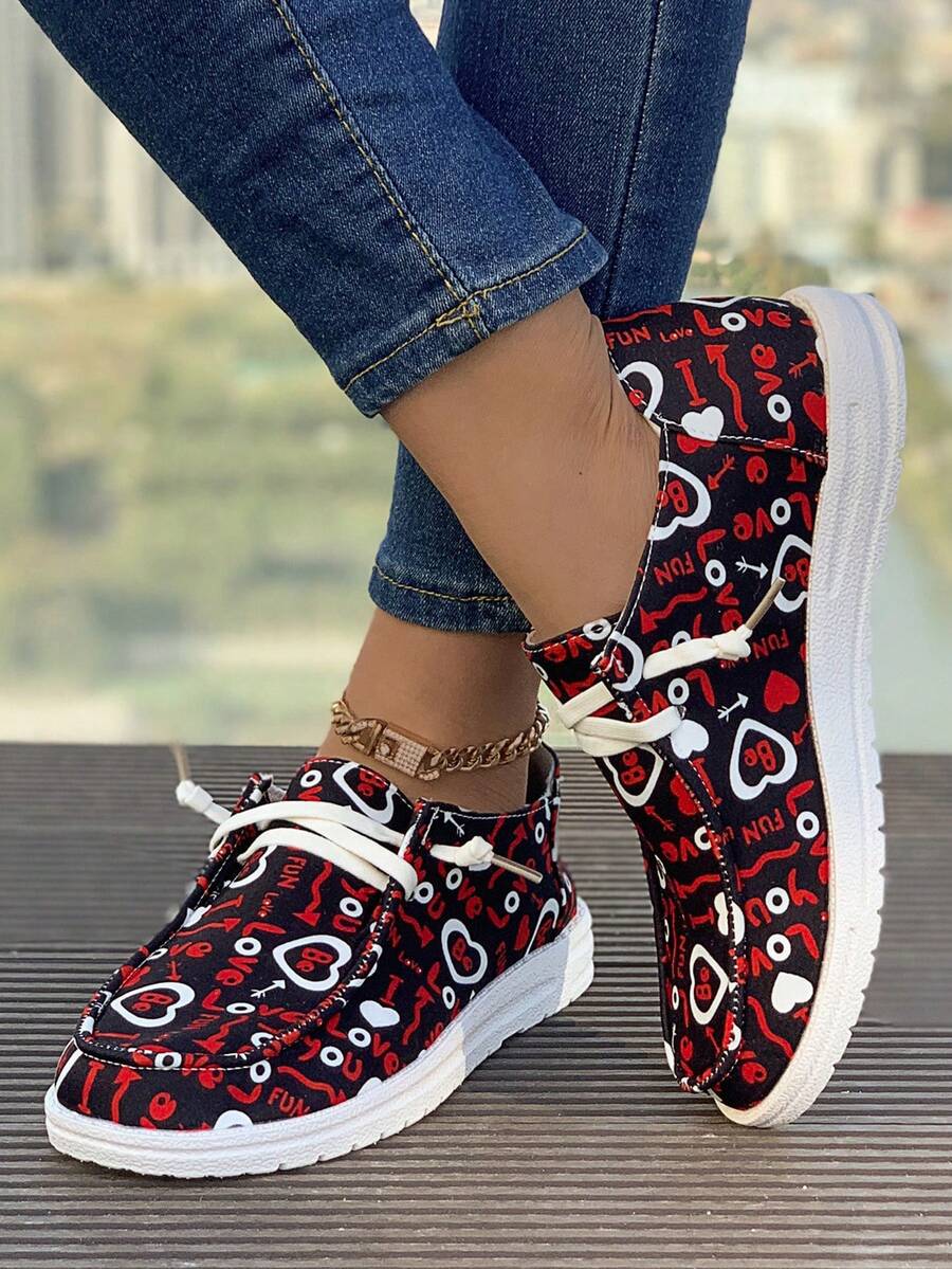 女式情人節心形印花平底休閒運動鞋 - 彩色 - 查看 1