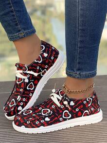 女式情人節心形印花平底休閒運動鞋 - 彩色 - 查看 2