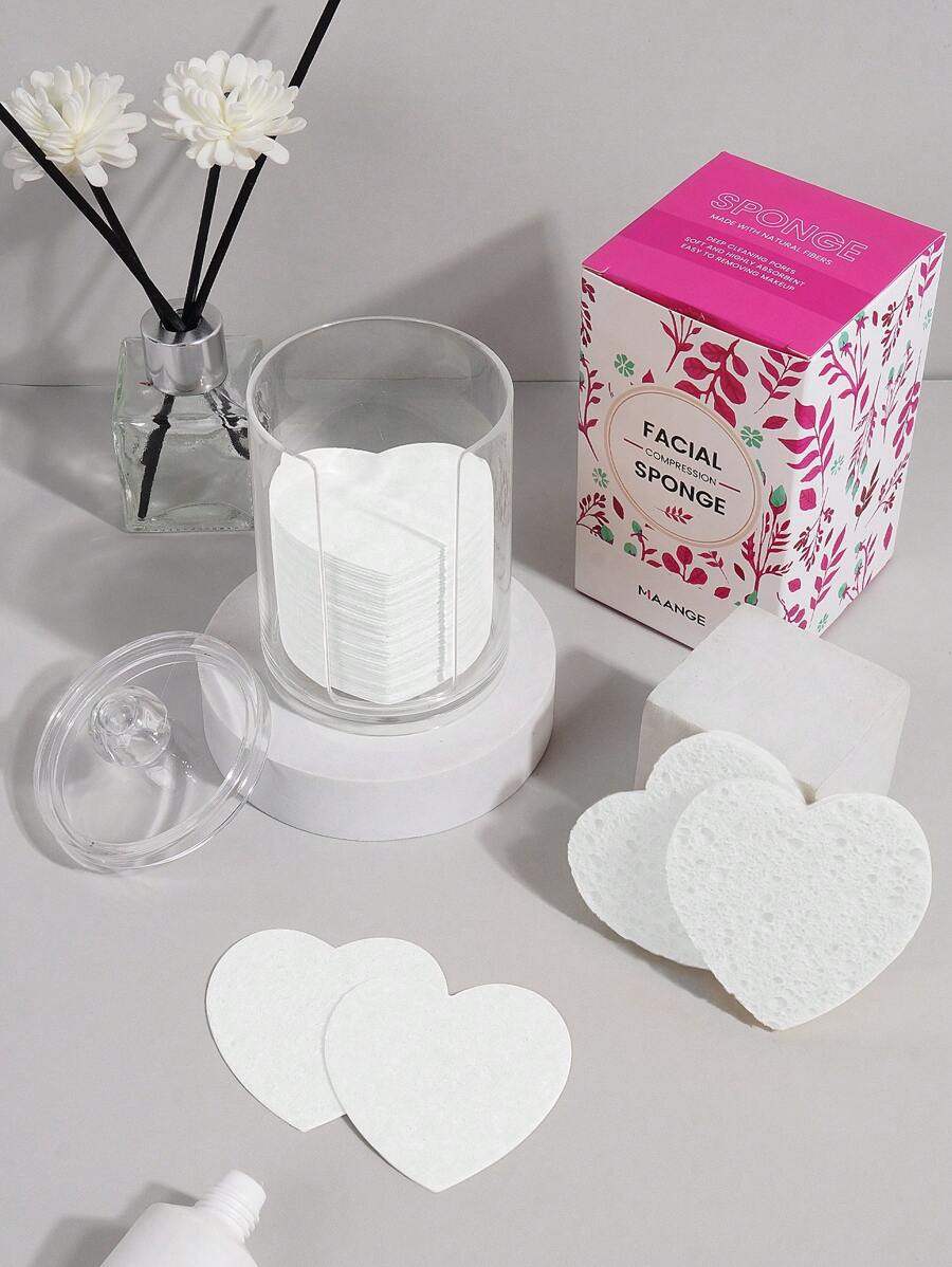 Maange 60入組心型壓縮臉部洗面粉撲配有透明收納盒,柔軟皮膚友好的臉部撲,化妝工具便於攜帶旅行