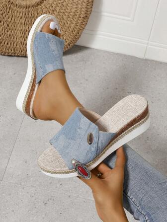 Women's Wedge Sandals, Open Toe Ankle Strap Platform Heels, Casual House Slippers