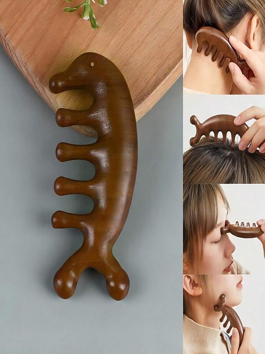 1 件檀香按摩梳、小海豚经络按摩梳、五齿木疗梳发刷、刷子、发刷、边缘刷、刷头发、发梳、梳头发、顺发刷、球刷、迷你发刷、发刷套装、木梳 - 彩色 - 查看 1