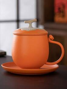 帶有分茶功能的柿子形狀陶瓷杯,適合個人辦公室使用,是茶著迷者的高端禮品套裝 - 橘色 - 查看 4