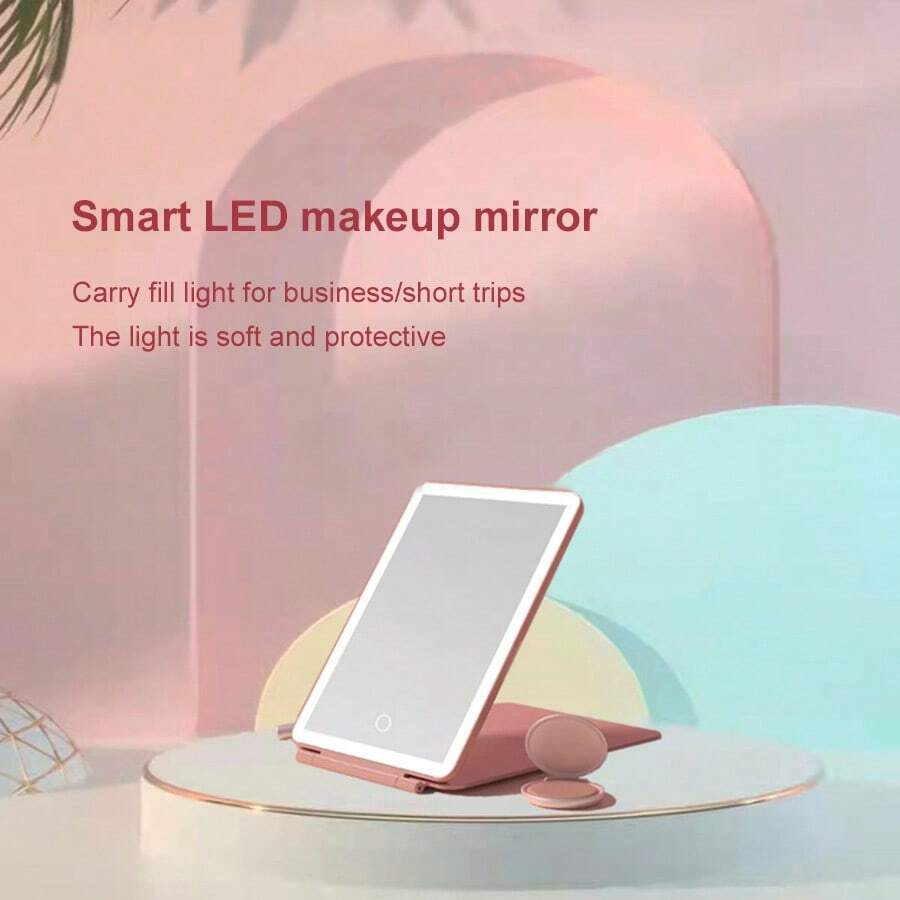 LED Makeup Mirror For Travel,  Lighted Vanity Mirrors With Dimmable Lighting,Compact, Slim, Rechargeable Lighted Mirror, Folding Makeup Mirror For Beauty (Pink) - Pink - View 1